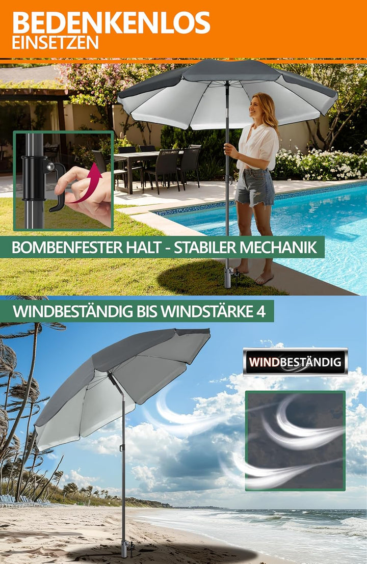 4smile Sonnenschirm Strand 3-IN-1-SET, Ø180 cm Strandschirm windfest stabil + Schutzhülle + Eindrehb
