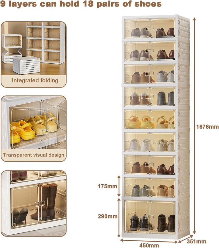 Faltbares Schuhregal 9 Ebenen 18 Paare, Transparente Schuhaufbewahrungsbox, Grosser Faltbar und Stap