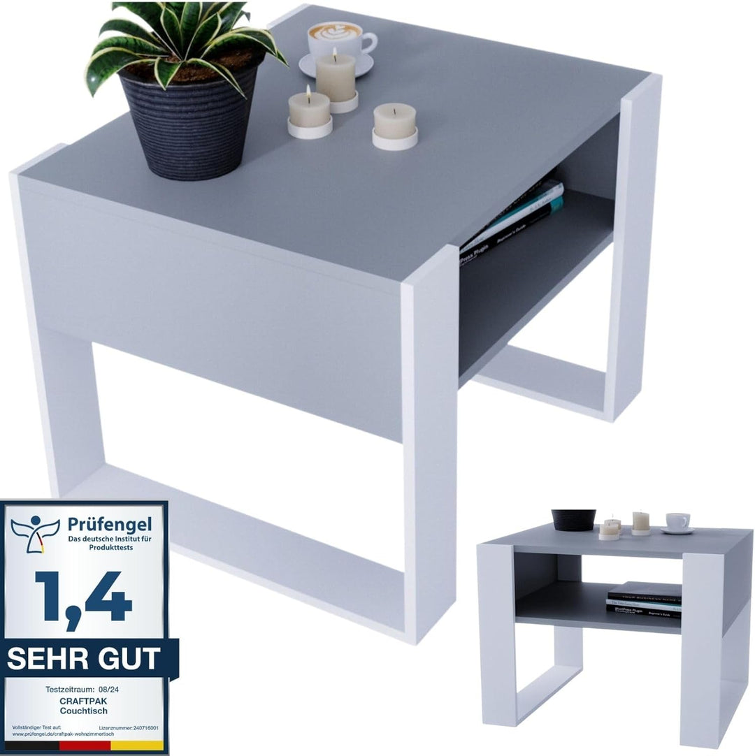 CraftPAK Wohnzimmer Tisch für Couch aus hochwertigem Holz, Stabiler & moderner Couchtisch mit zusätz