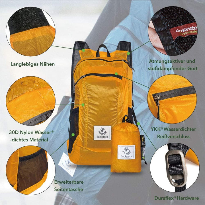 4Monster Faltbarer Rucksack Ultra Leicht, Unisex Tagesrucksack Outdoor, Wasserdichter Wanderrucksack