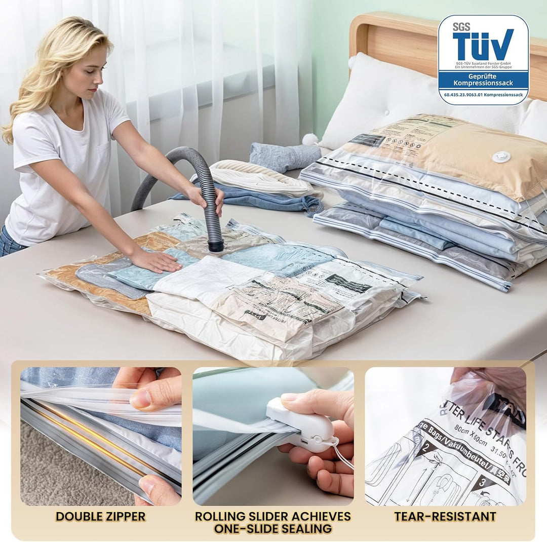TAILI Vakuumbeutel für Kleidung mit Langer Reissverschluss 8 Stück Extra Grosse 100 X 70 CM Vakuumie