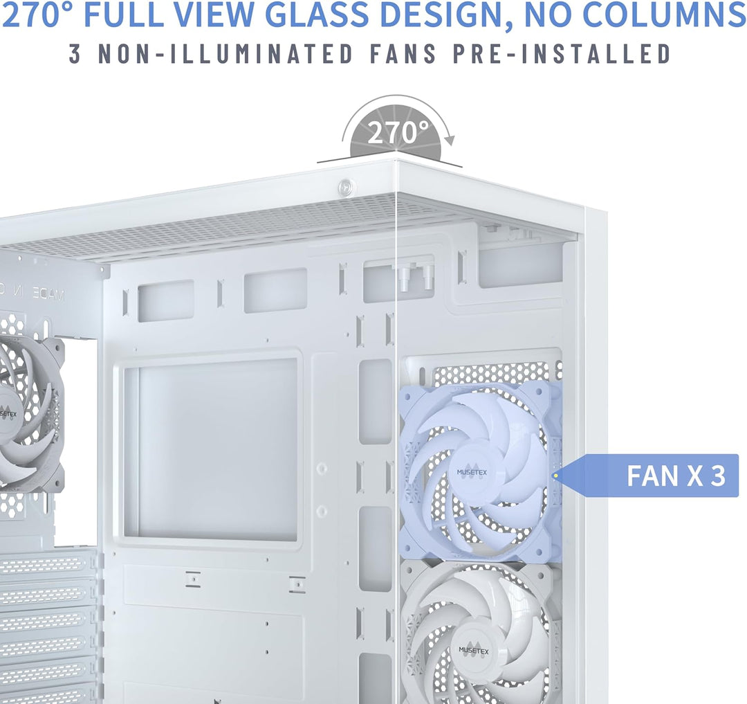 MUSETEX PC Gehäuse ATX 3 Non-LED Lüfter vorinstalliert, Typ-C Mid-Tower Computergehäuse mit Vollsich