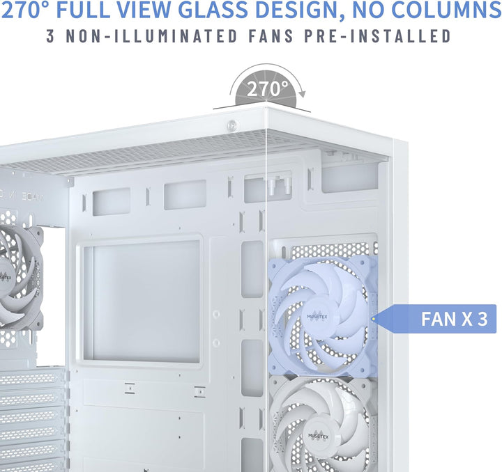 MUSETEX PC Gehäuse ATX 3 Non-LED Lüfter vorinstalliert, Typ-C Mid-Tower Computergehäuse mit Vollsich