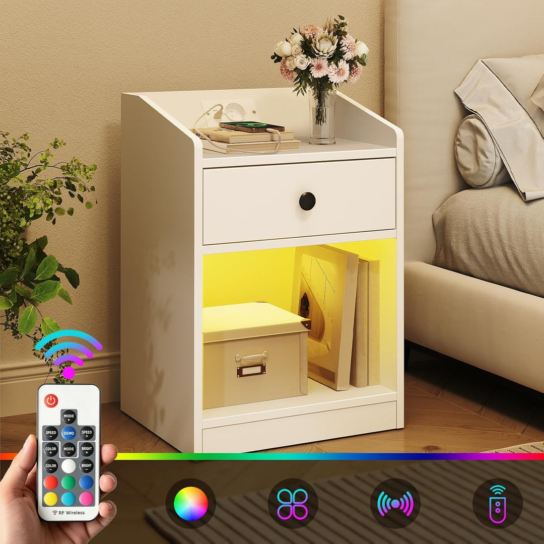 HOOBRO Nachttisch mit Ladestation und LED-Beleuchtung, schmaler Beistelltisch mit Schublade, moderne