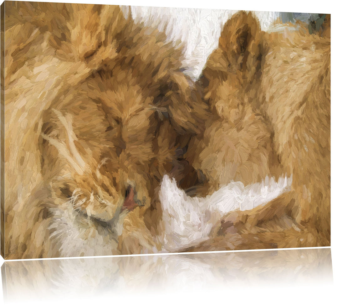 Pixxprint Kuschelnde Löwen als Leinwandbild/Grösse: 100x70 cm/Wandbild/Kunstdruck/fertig bespannt, 1