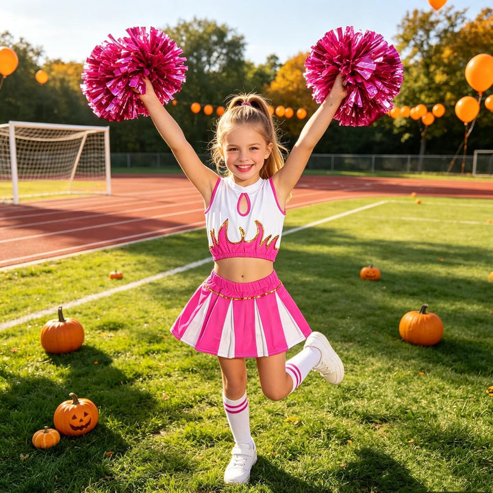 LOLANTA Mädchen Cheerleader Kostüm Schulkind Cheer Kostüm Outfit Karneval Kostüm Rosa 152-164, Rosa