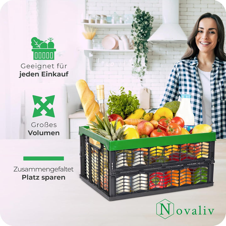 Novaliv Klappboxen faltbar stabil 8x 30L Grün Schwarz baskets Einkaufskiste Klappkisten Set Tragebox