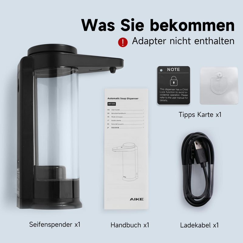 AIKE Automatischer Seifenspender mit Infrarotsensor 500ml, Schwarz Wandmontierter Automatischer Seif