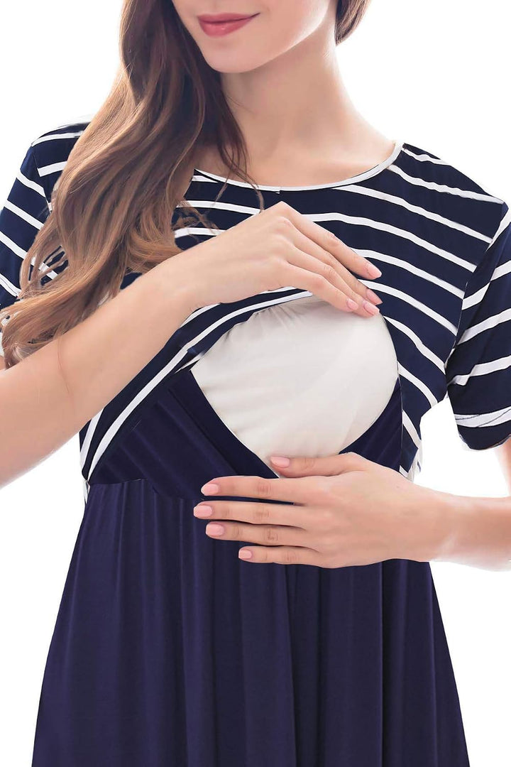 Smallshow Damen Lässiges Kurzarm Stillkleid Umstandskleid für Stillen Marine Streifen-marine M, Mari