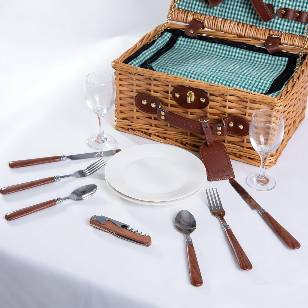 eGenuss Handgefertigtes Picknickkorb für 2 Personen mit Kühlfach, Multifunktionsmesser, Edelstahlbes