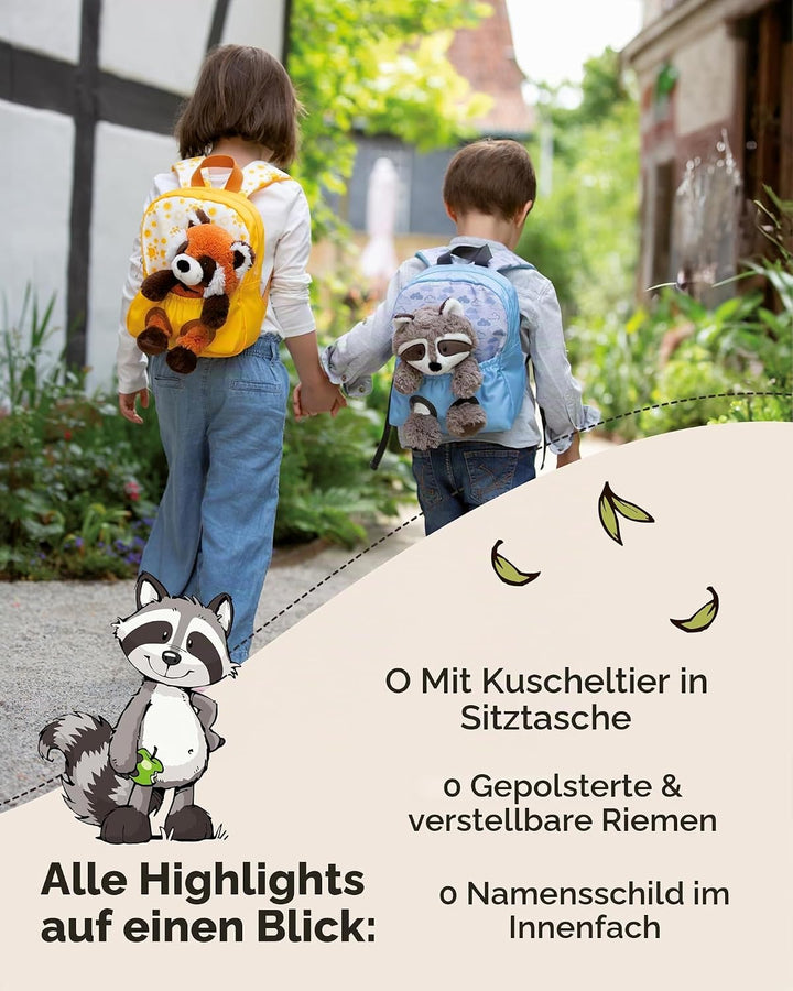 NICI Kinderrucksack rosa 2 in 1 mit Kuscheltier Waschbär 25cm - Kindergartenrucksack Mädchen &amp; Junge