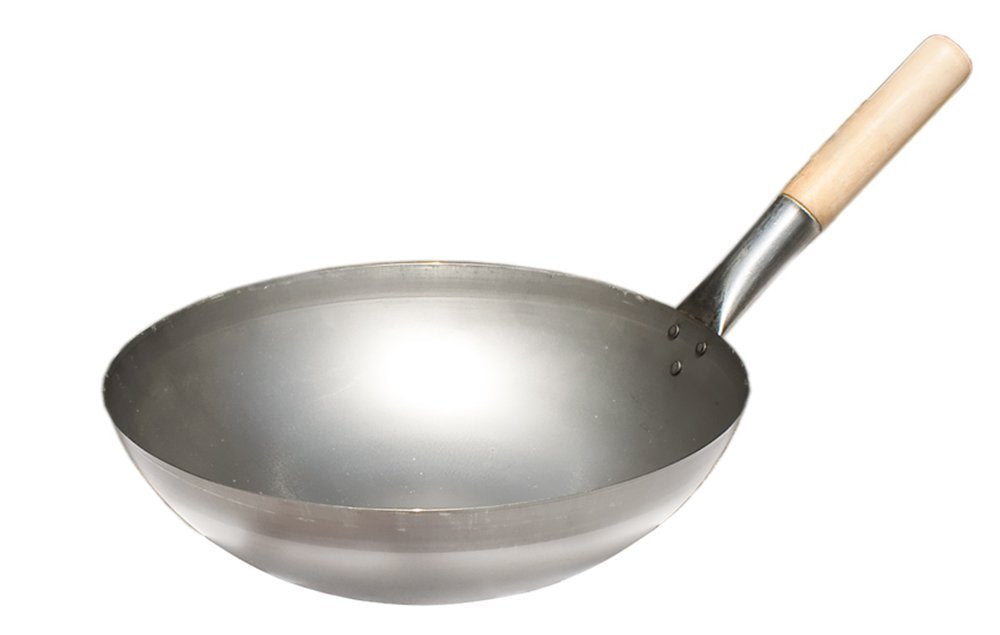 Original chinesischer Wok mit Holzgriff, Stahl, Ø 33 x 9 cm runder Boden