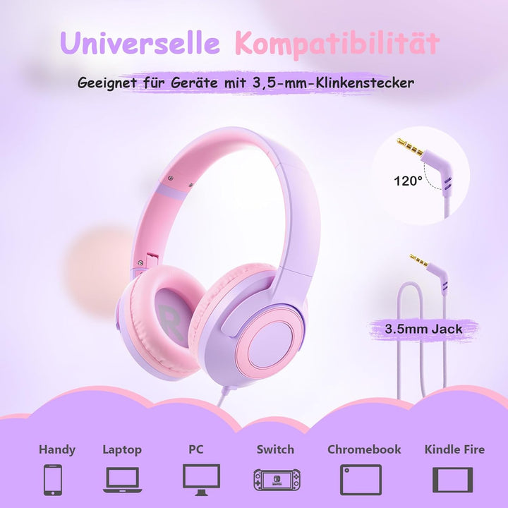 Kinderkopfhörer mit Kabel Klappbar, mit Mikrofon, Kopfhörer Kinder Gehörschutz auf 85/94 dB, Kopfhör
