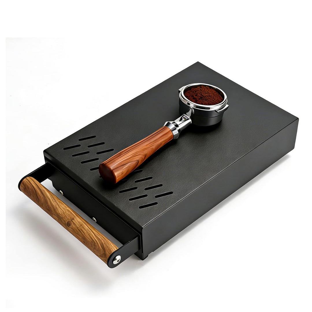 Abklopfbehälter Sudschublade, Abschlagbehälter für Siebträger, Knockbox Edelstahl Schwarz mit Holzgr