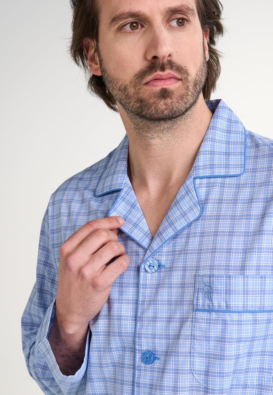 El Búho Nocturno Schlafanzug Herren Lang Baumwolle Pyjama Für Herren Klassisch Revers Knopfjacke Kar