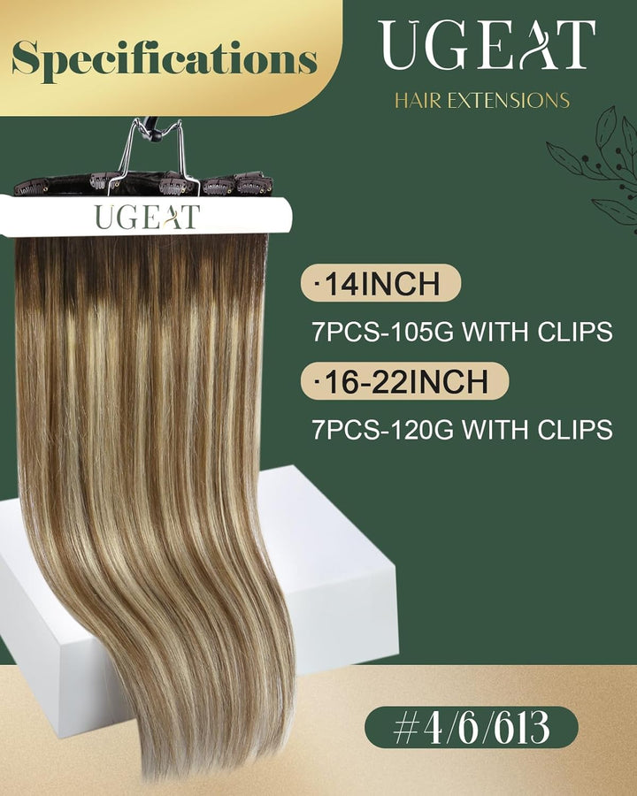 Ugeat 55cm Echthaar Extensions 120 Gramm Clip in Echthaar Tressen Clips Echthaar Dunkel Braun bis Mi