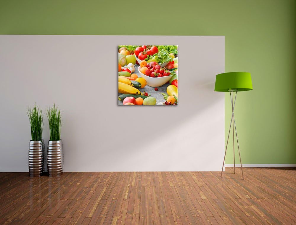 Pixxprint Buntes Obst und Gemüse Schwarz/Weiss, Format: 70x70 auf Leinwand, 70x70