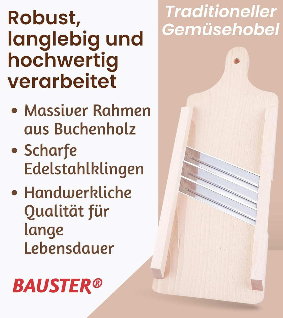 Krauthobel aus Buchenholz mit Edelstahlklingen – Traditioneller Gemüsehobel für Weisskohl, Rotkohl &