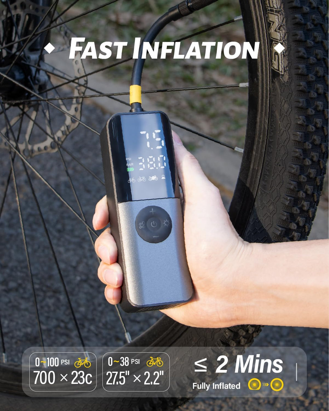 Elektrische Fahrradpumpe, Mini Fahrradpumpe 150PSI mit Digitales Druckmessgerät, Fahrradpumpen Elekt