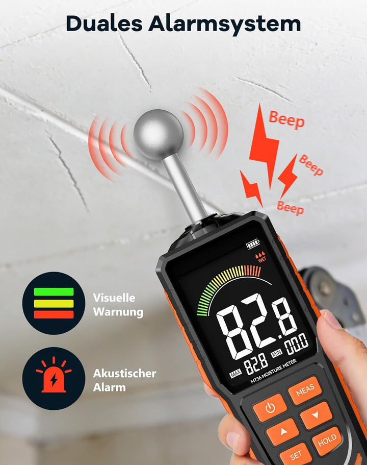 Feuchtigkeitsmessgerät Wand & Holz, Zerstörungsfreies Feuchtemesser mit Kugelsensor, 40mm Tiefenscan