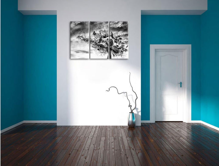 Pixxprint Ballerina im Kleid / 3-Teilig/Gesamtmass 120cm Leinwandbild bespannt auf Holzrahmen/Wandbi