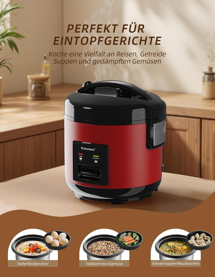 Eamoment DRC-5020RD 1L | 400W Reiskocher & Dampfgarer(1ltr-5 Tassen) Für 1-5 Personen Schnelles Koch