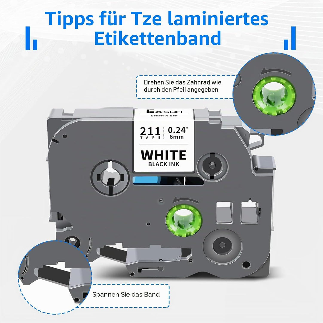Exsun 6er-Pack Kompatibel TZe-211 TZe-111 TZe-411 TZe-511 TZe-611 TZe-711 als Ersatz für Brother Tze