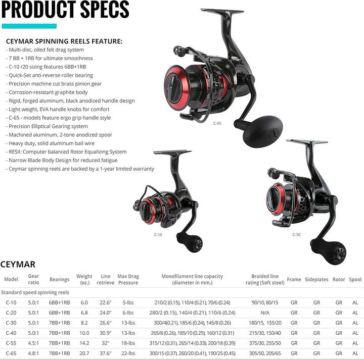 Okuma Ceymar Spinnrolle, leicht aus Graphit, vielseitig einsetzbar, mit 8 Kugellagern C-10, 100 m, 1