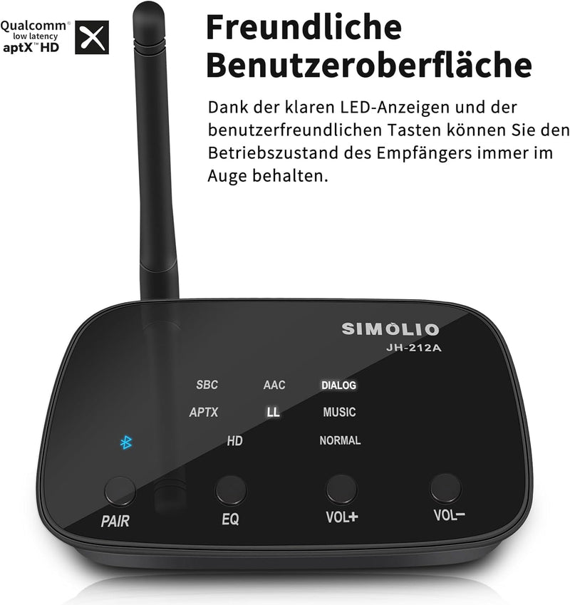 SIMOLIO JH-212A Bluetooth Empfänger für Stereoanlage, Bluetooth Audio Adapter Receiver mit Cinch & 3