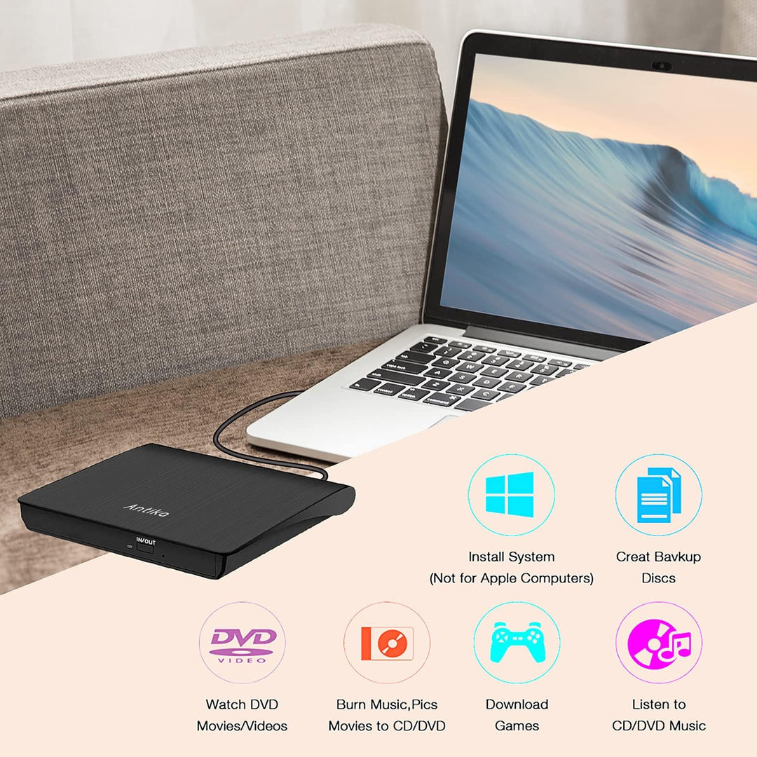 Antika Externer DVD-/CD-Brenner mit externem CD-Laufwerk USB 3.0 DVD +/- RW CD +/- RW tragbares Kart