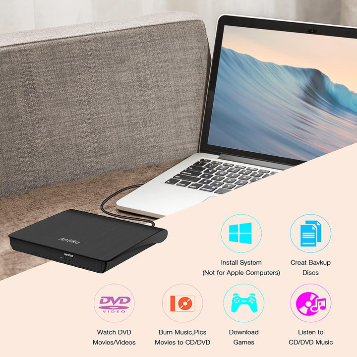 Antika Externer DVD-/CD-Brenner mit externem CD-Laufwerk USB 3.0 DVD +/- RW CD +/- RW tragbares Kart