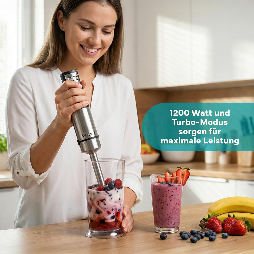 Premium 6-in-1 Stabmixer Set 1200W mit LED-Display & Timer - Multifunktions-Pürierstab Edelstahl mit