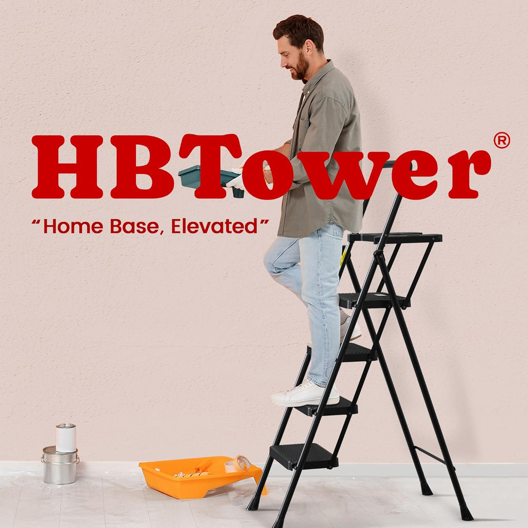 HBTower Trittleiter 4 Stufen klappbar, Leiter mit Breitem Anti-Rutsch-Pedal, Trittleiter mit Bequeme