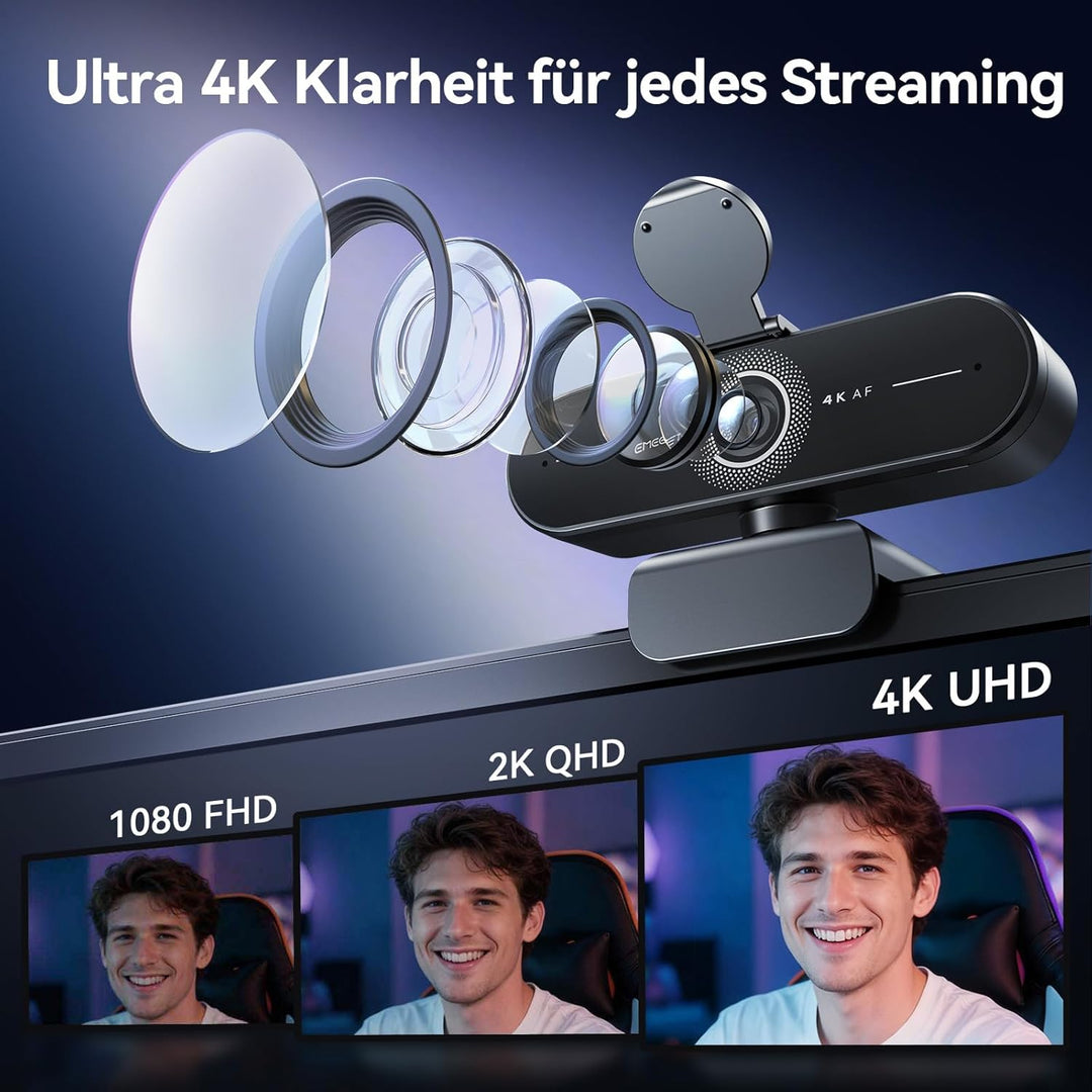EMEET C60E 4K Webcam für Streaming & Gaming, PDAF-Autofokus, Dual-Mikrofone, Live-Streaming-Kamera m