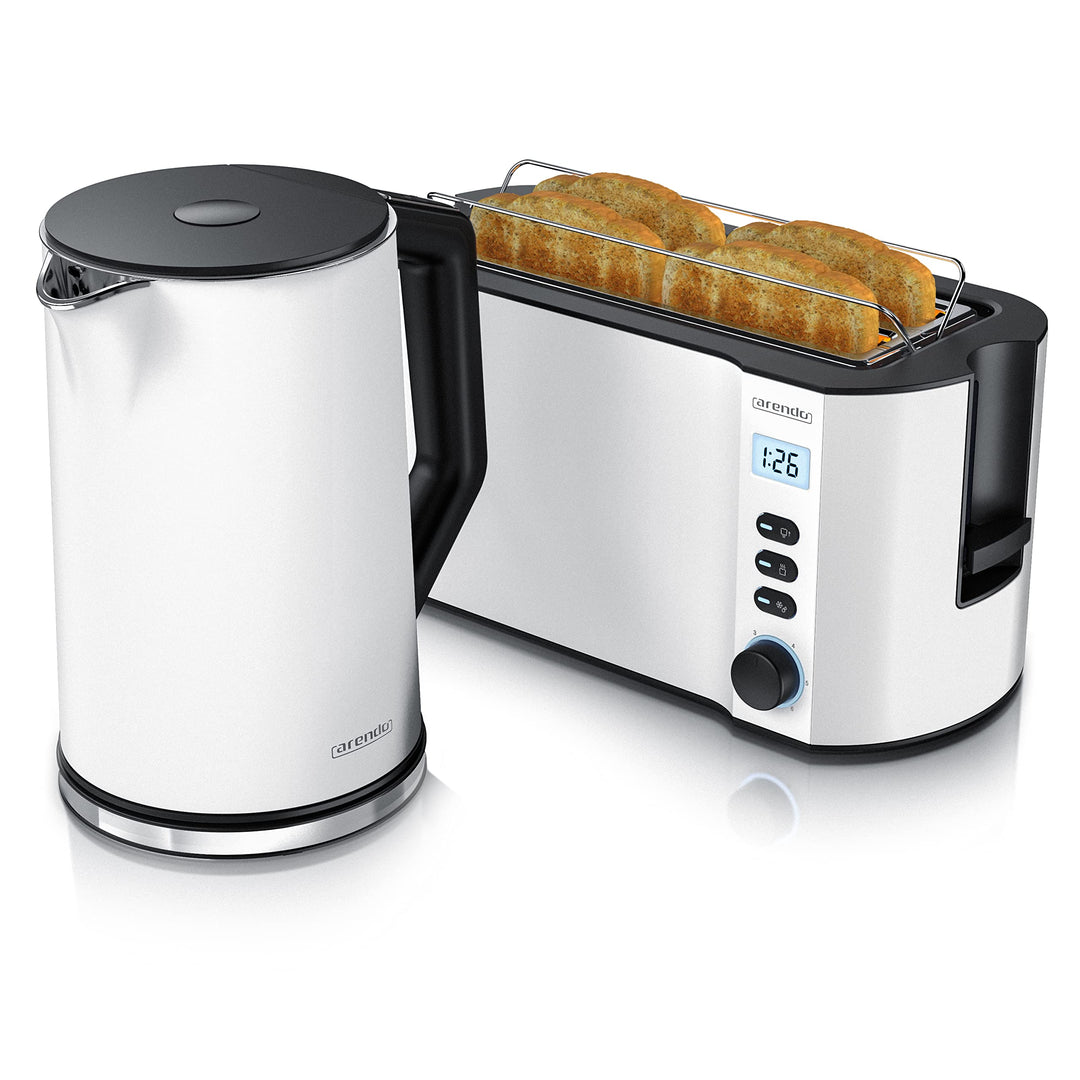 Arendo - Wasserkocher mit Toaster SET Edelstahl Weiss matt, Wasserkocher 1,5L 40° 100° Warmhaltefunk