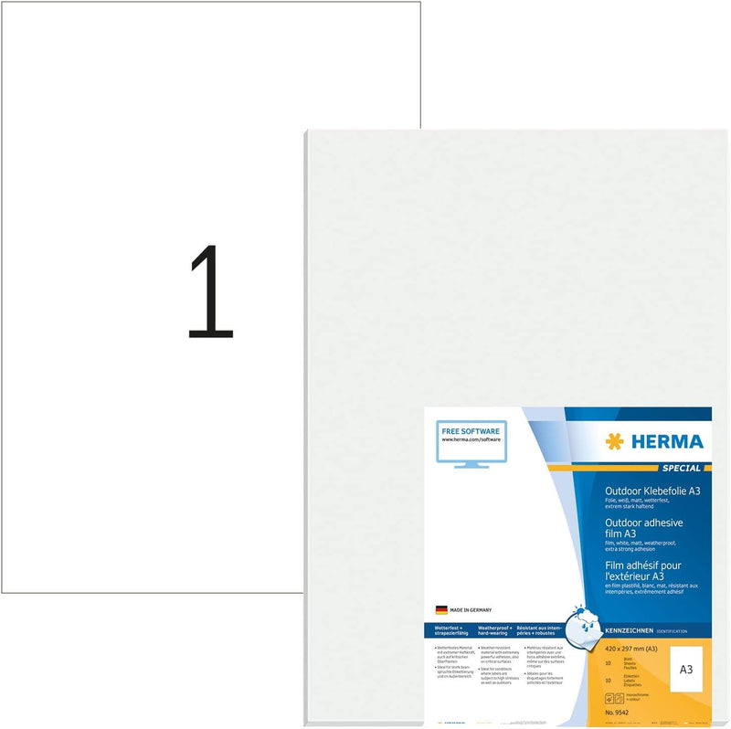 HERMA 9542 Wetterfeste Folienetiketten, 10 Blatt, 297 x 420 mm, 1 Stück pro A3 Bogen, 10 Aufkleber,