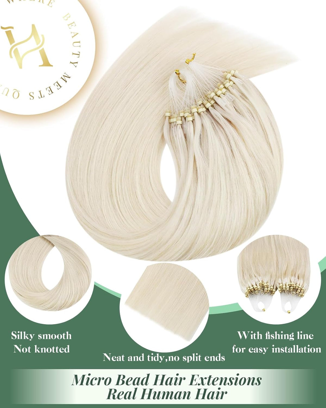 Ugeat Micro Loop Extensions Echthaar 35cm #60A Blondes Mciro Links Echtes Menschliches Haar 50 Gramm