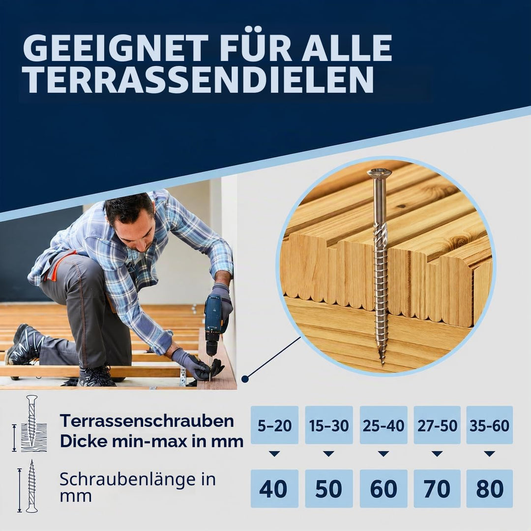 Terrassenschrauben 5x40 Edelstahl A2 Linsenkopfschrauben Torx Schrauben 5mm stark 200 Stück Holzschr