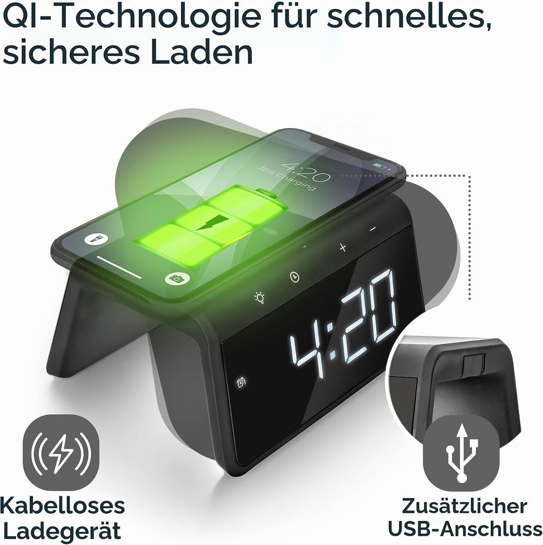 Caliber Wecker mit Ladestation - Wecker Digital mit Wake Up Light - Wecker mit Licht - Dimmbarer LED