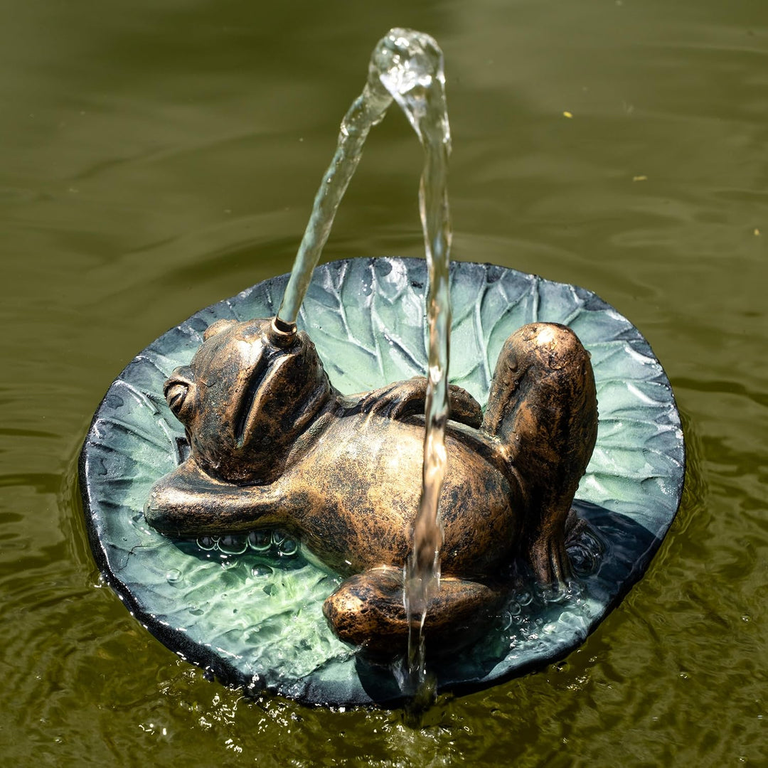 Esotec Solar Wasserspeier Komplettset, Frosch auf Seerosenblatt, Gartenteich Wasserspiel, Vogeltränk
