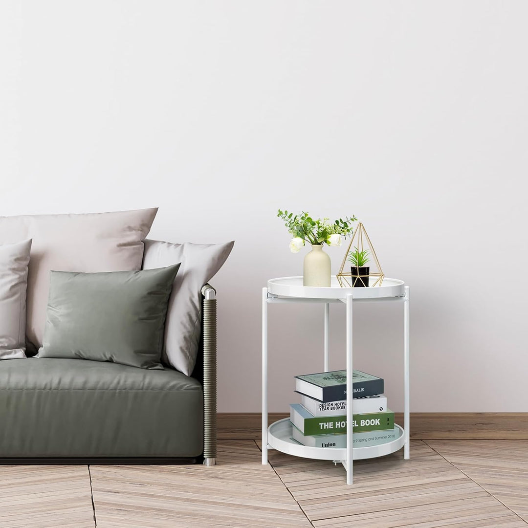 danpinera Beistelltisch Rund, Beistelltisch Weiss mit 2 Abnehmbare Tabletts, Kleiner Runder Tisch mi