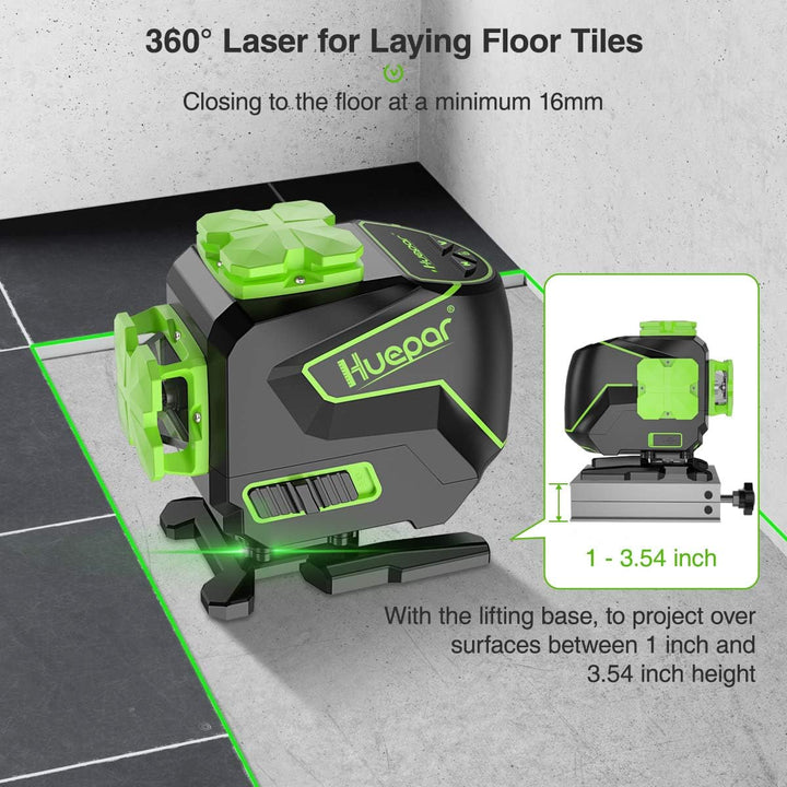 Huepar 3x360 Kreuzlinienlaserniveau 3D Selbstnivellierend Drei-Ebenen-Ausrichtungs- und Fliesenboden