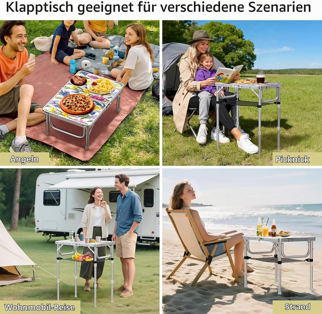 Anbte Campingtisch Klappbar 58x40cm Aluminium-Rahmen Picknicktisch 3 Höhen Verstellbar 26/48/70cm MD