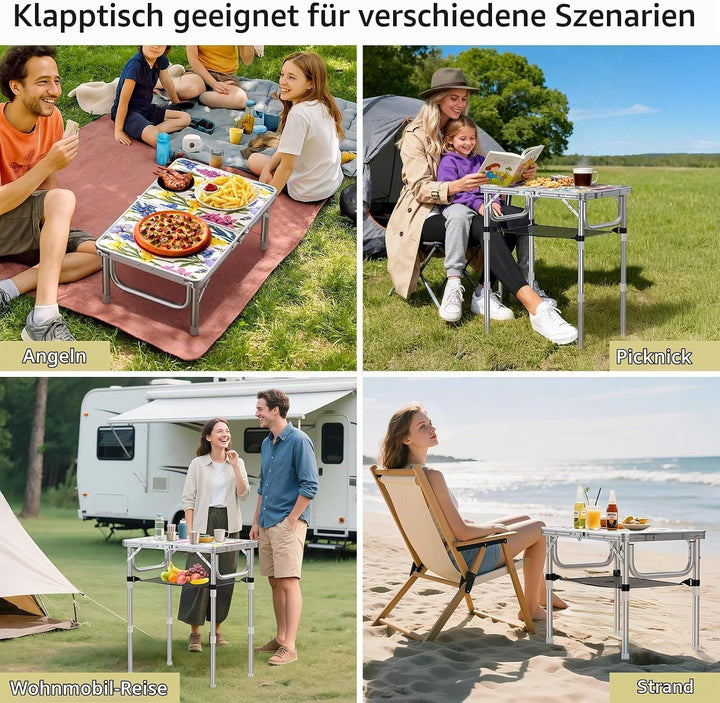 Anbte Campingtisch Klappbar 58x40cm Aluminium-Rahmen Picknicktisch 3 Höhen Verstellbar 26/48/70cm MD