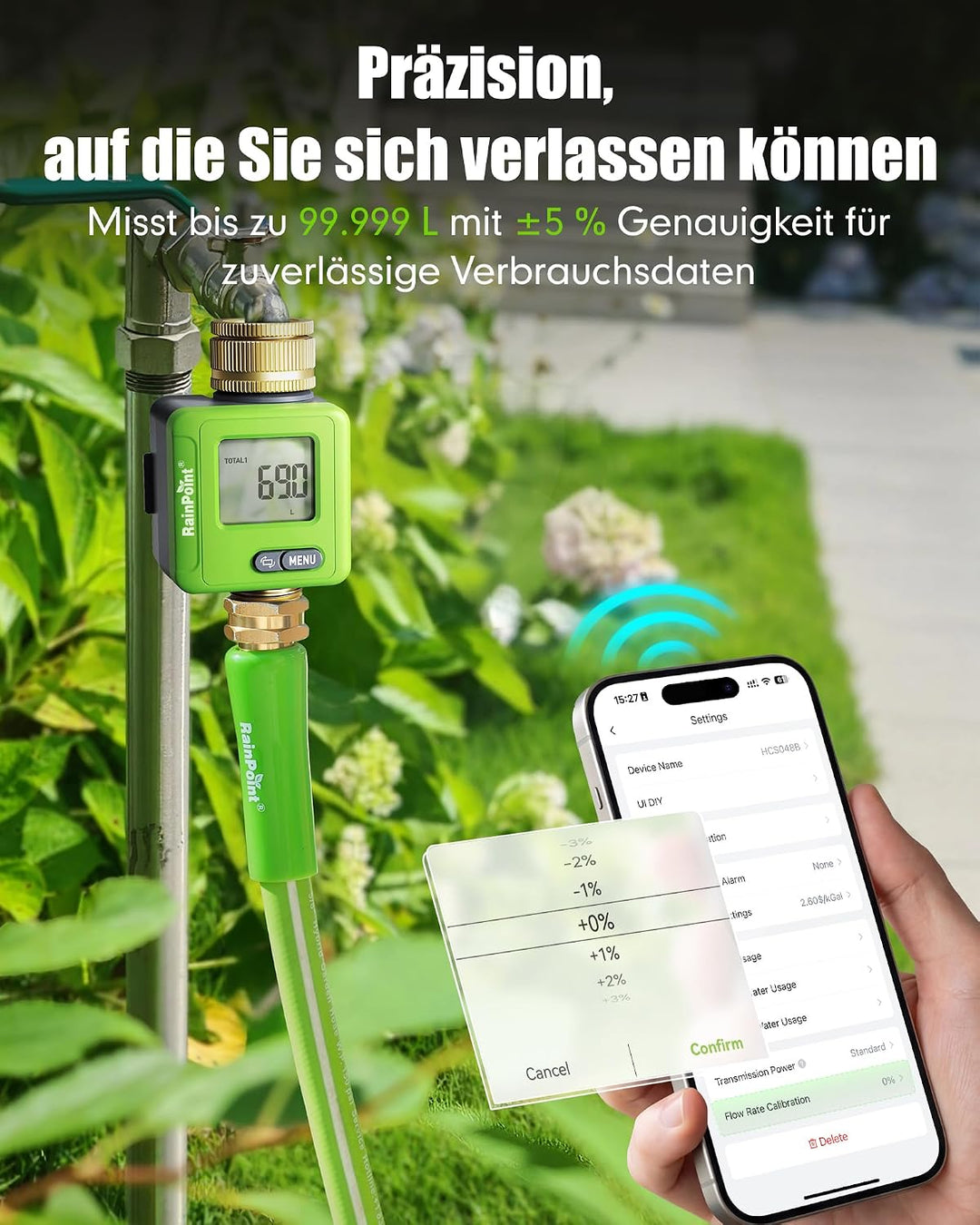 Rainpoint Smarter Bluetooth Wasserzähler mit Doppel-Messinganschlüssen, Wohnmobil Wassertank-Monitor