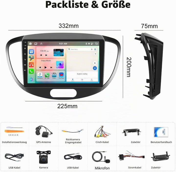 Android 15, 6G+128G 8Core CAMECHO Autoradio Navi für Hyundai i10 2007-2013 mit Carplay Android Auto