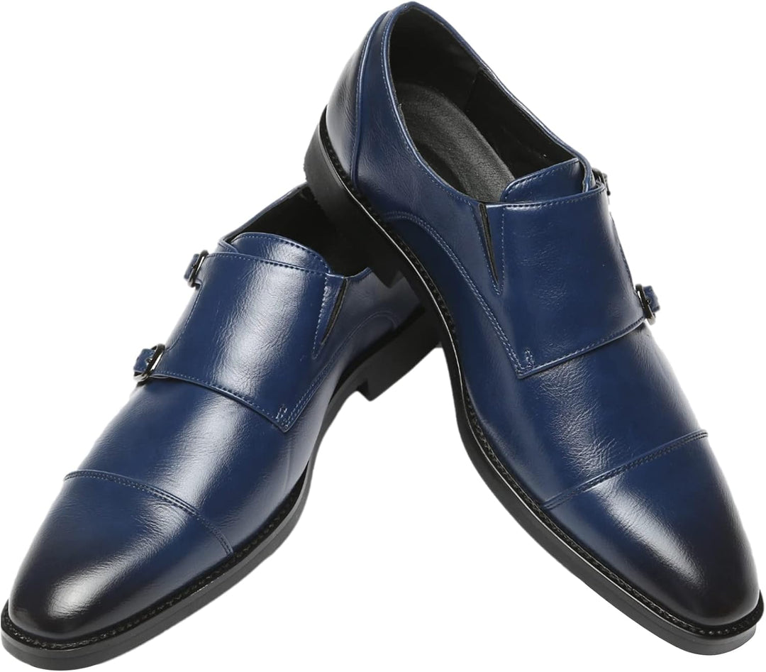 ANUFER Männer Smart Monk Brogues Formale Abendschuhe Aus Echtem Leder mit Holzabsatz 43 EU Navy Kuns