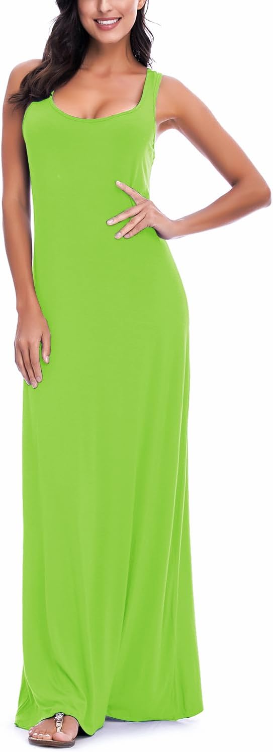Damen Sommer Leichte Ärmellos Strand Maxi Kleid Elegant Elastisch Tunika Lang Kleider, Bright Green