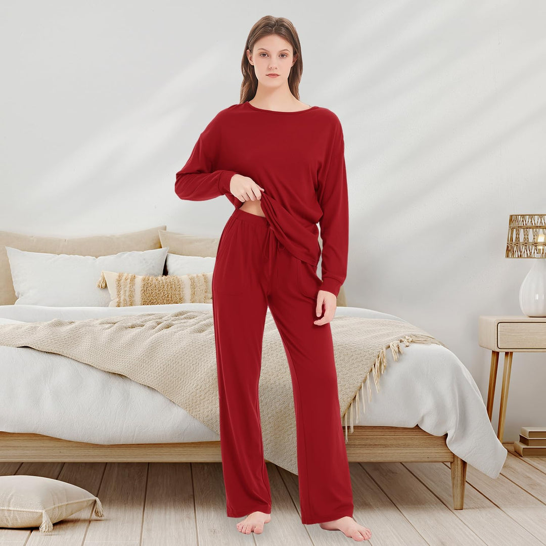 Mnamo Damen Schlafanzug Weich Gestricktes Pyjama Set Gemütliche Nachtwäsche Baumwolle und Modal Atmu