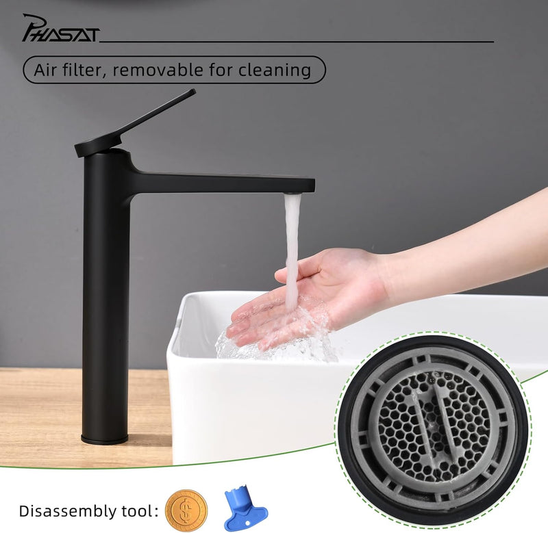 PHASAT Wasserhahn Bad,wasserhahn aufsatzwaschbecken,Hoch Aufsatzwaschbecken Armatur, Mischbatterie E